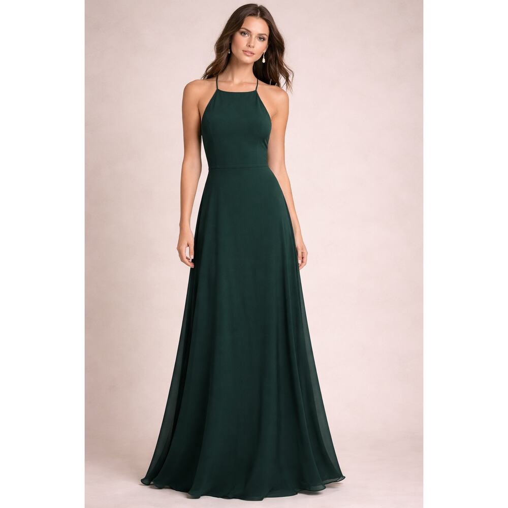 Monique Lhuillier Bridesmaids Halter Maxi Dress Hunter Green Gown Size 12